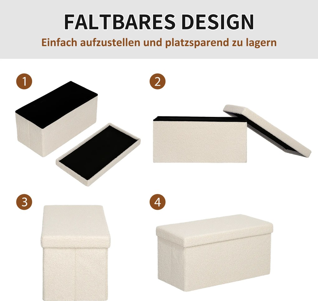 HOMCOM Stołek do przechowywania, ławka z miejscem i pokrywą do salonu, sypialni, przedpokoju, Kremowy