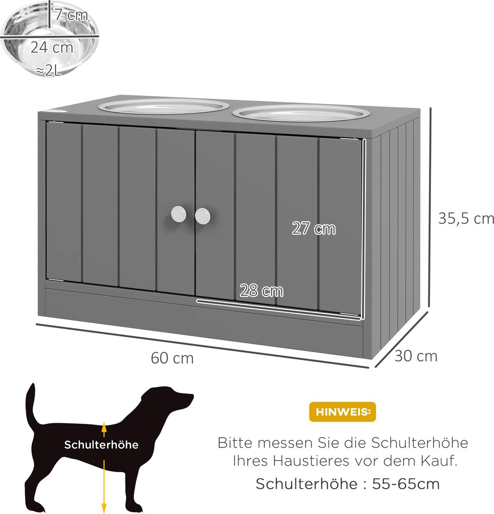 PawHut Podwieszona stacja karmienia z 2 miskami ze stali nierdzewnej i 44 L pojemnością, drzwiami magnetycznymi, dla dużych psów, Szary