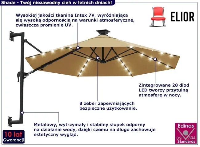Parasol ścienny z oświetleniem LED taupe - Waren