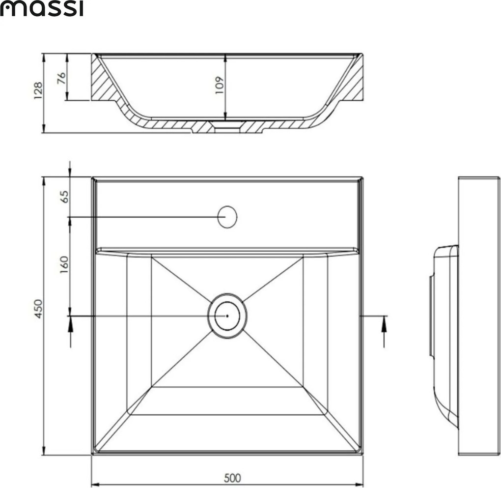 Umywalka z konglomeratu blatowa prostokątna biała NAVI | Różne rozmiary | Z otworem na baterię lub bez : Otwory na baterię - Jeden otwór, Rozmiar - 50 x 45 cm