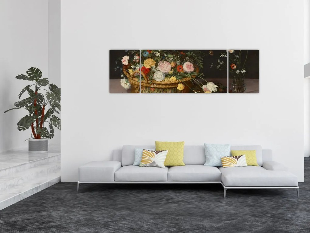 Obraz - Jan Brueghel the Elder, Flowers in a Basket and a Vase, reprodukcje (170x50 cm)
