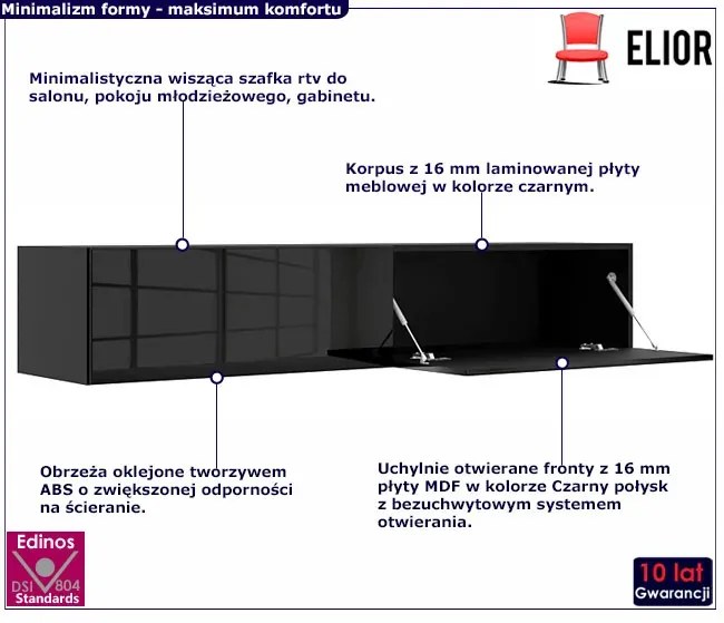 Podwieszana szafka rtv czarny połysk 160 cm - Falmi