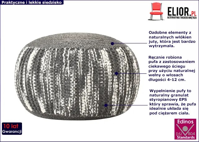 Szara okrągła pufa wełniana ręcznie pleciona - Hatino 3X