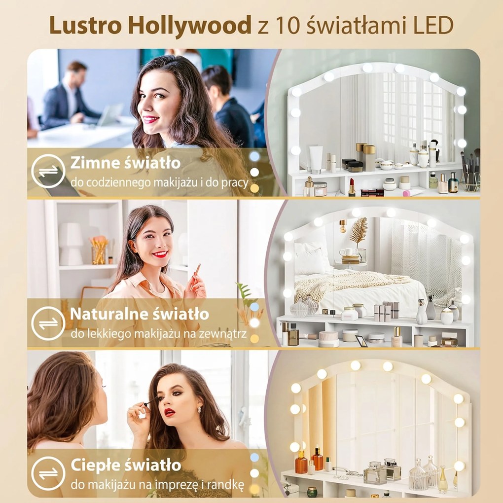 HOMCOM Toaletka z 10 lampami LED w stylu Hollywood, lustro, 7 szuflad, 3 przegrody, MDF, biała