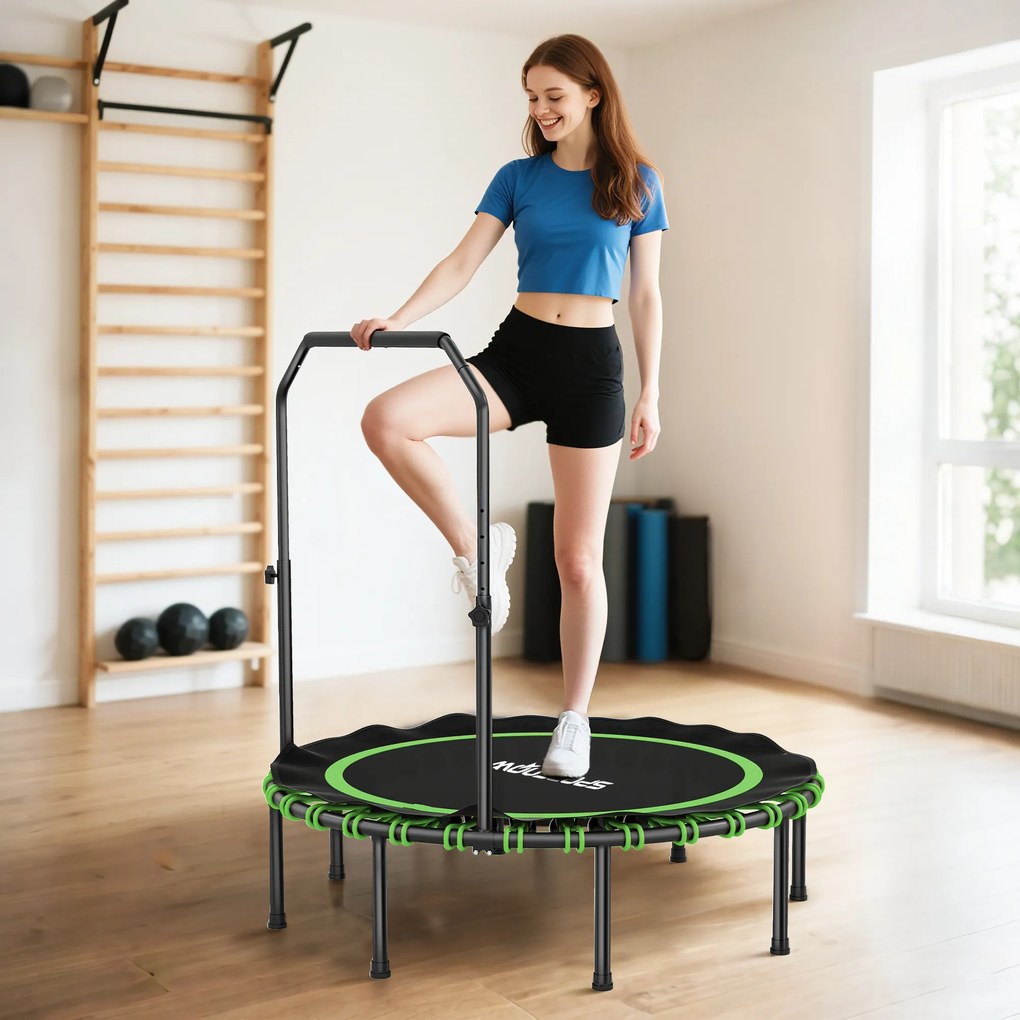 SPORTNOW Trampolina fitness z regulowaną poręczą, Trampolina sportowa do wewnątrz i na zewnątrz, Stal, Tworzywo sztuczne, Zielona