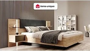 Łóżko z szafkami nocnymi 160 x 200 cm - Z diodami LED - Kolory: Naturalny i antracyt - ELYNIA