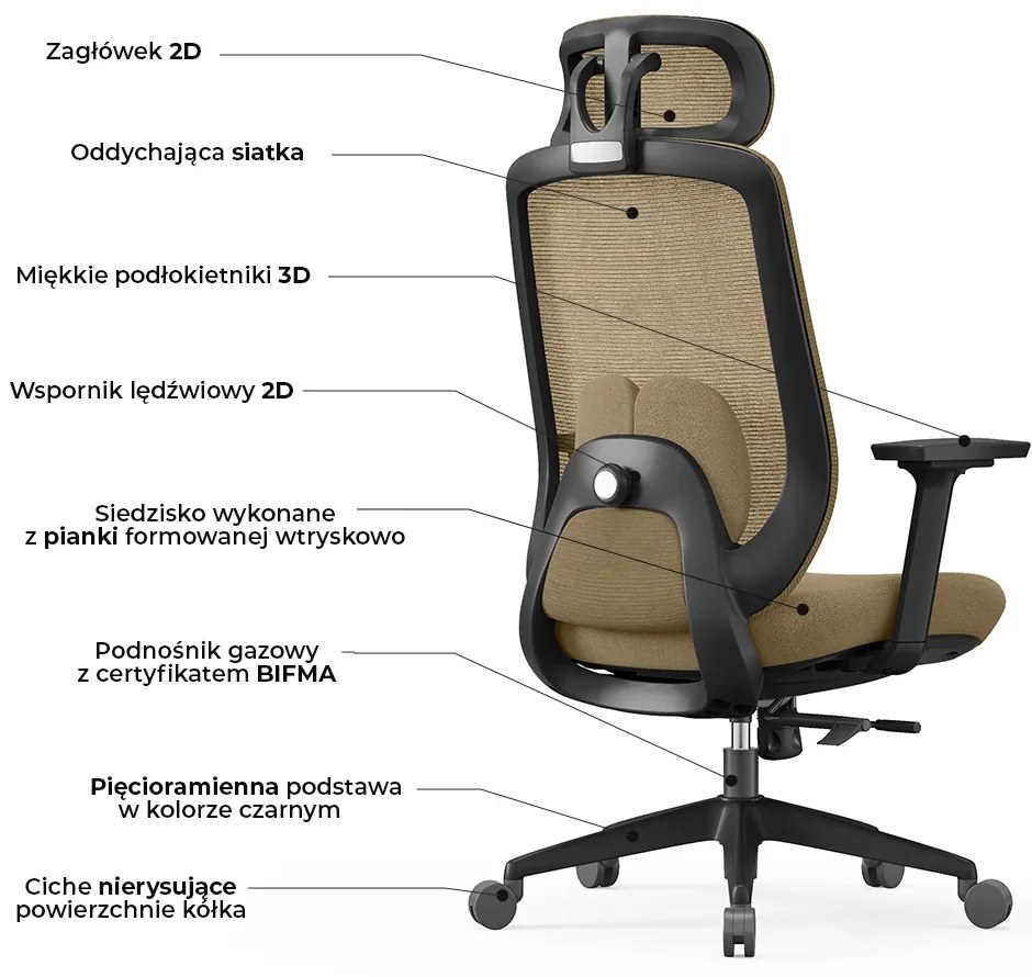 Ergonomiczny fotel biurowy z regulacjami Runo, zgodny z normą BHP