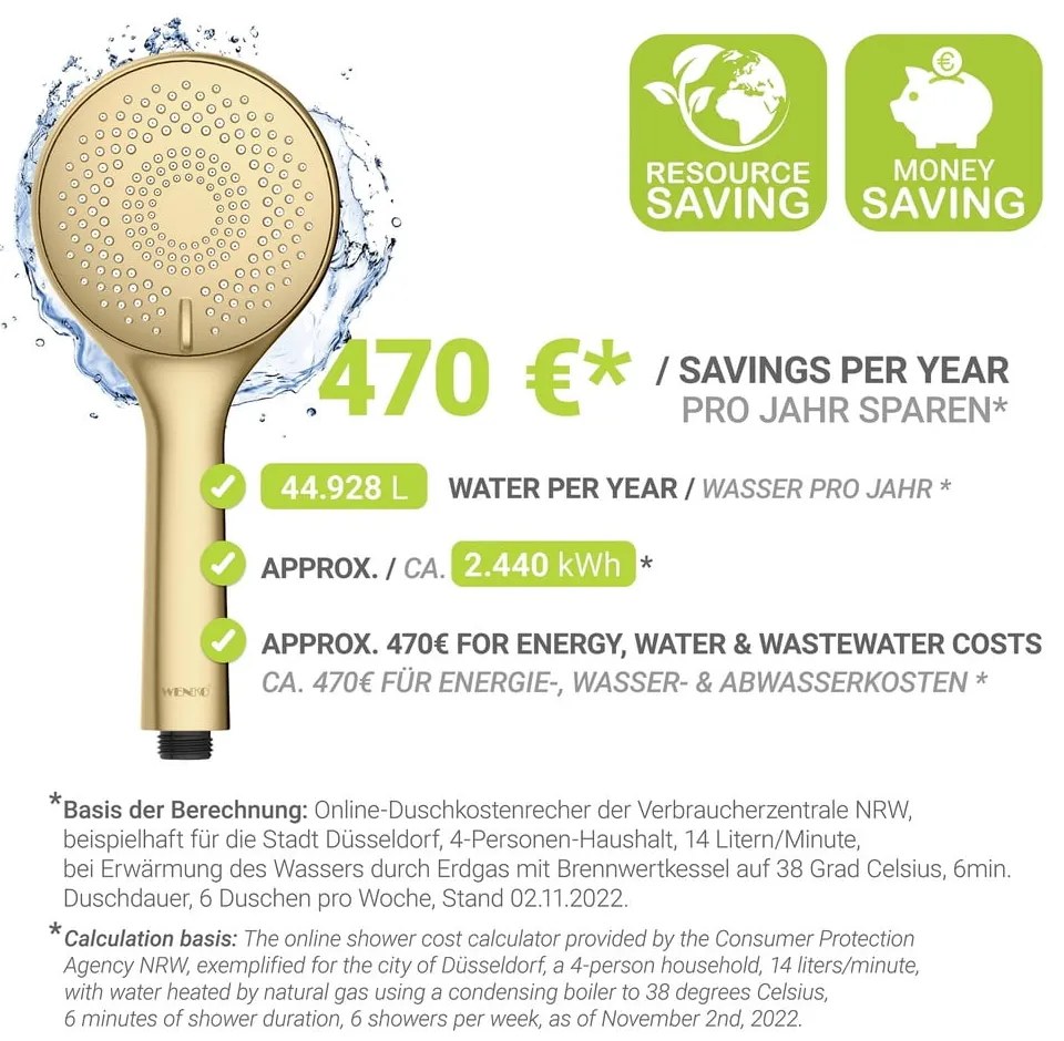 Plastikowa słuchawka prysznicowa z funkcją oszczędzania wody w kolorze matowego złota ø 11 cm Watersaving System – Wenko