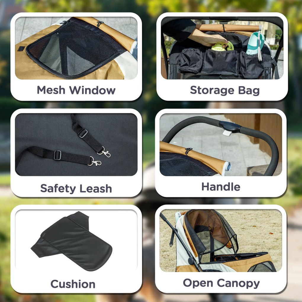 PawHut Wózek dla Psów, Składany Wózek dla Dużych Psów, Wózek dla Zwierząt z 4 Kołami, Linami Bezpieczeństwa, Hamulcami, Brązowy