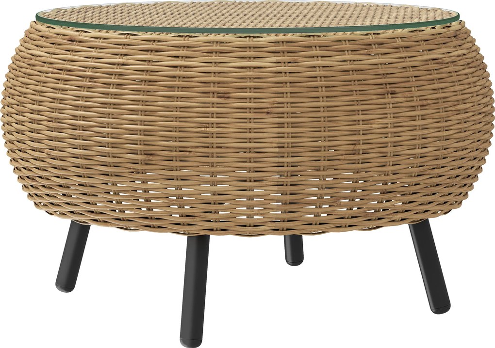 Outsunny Stolik pomocniczy z Polyrattanu okrągły stolik kawowy z blatem szklanym Ø75 x 42 cm Brązowy