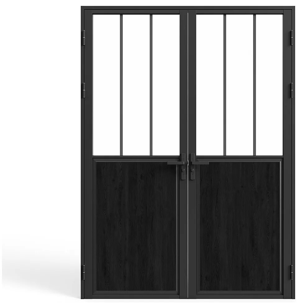 Drzwi kompletne 2-skrzydłowe dwustronne z aluminium i szkła hartowanego w stylu industrialnym - wys. 204 x szer. 146 cm - ERMELO