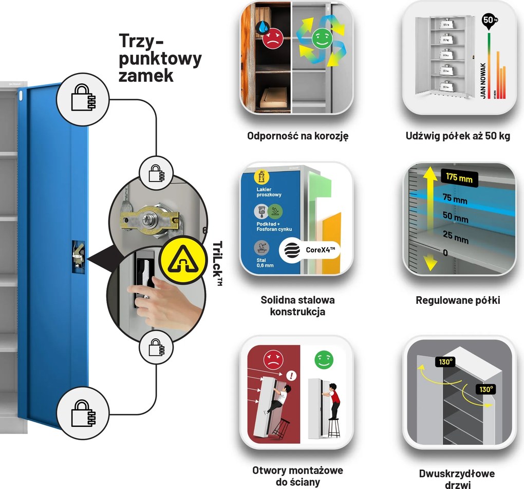 Szafa biurowa na dokumenty szaro-niebieska: JAN, 900 x 1850 x 400 mm