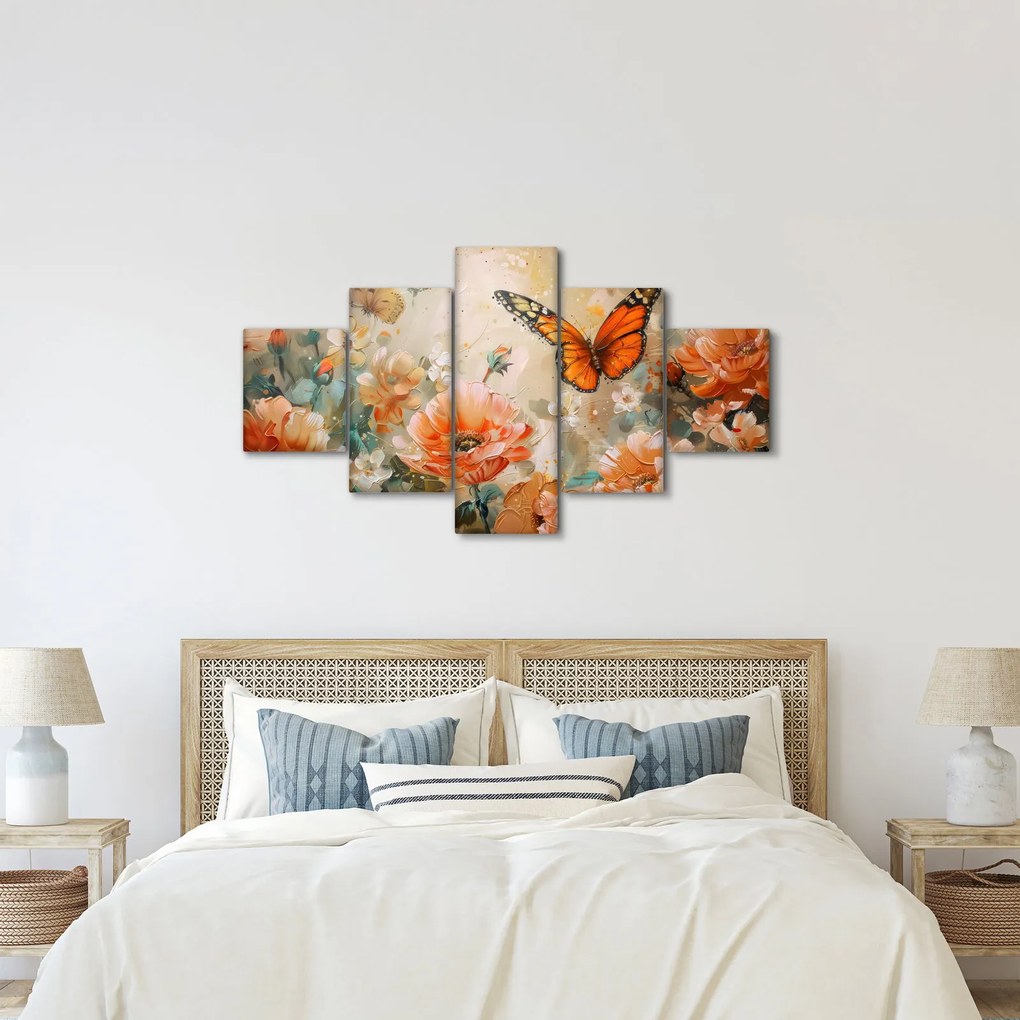 Obraz - Motyl i kwiaty, obraz olejny (125x70 cm)