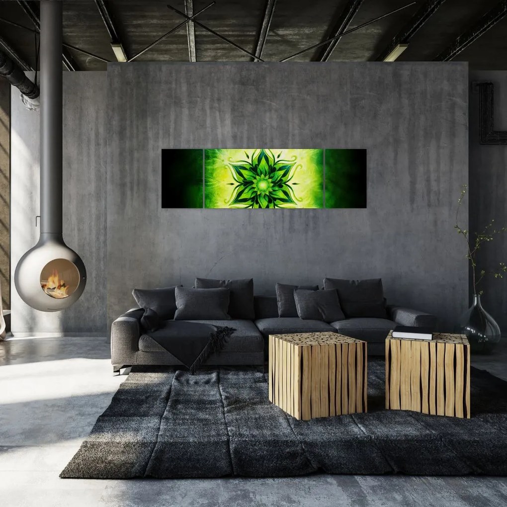 Obraz - Kwiatowa mandala na zielonym tle (170x50 cm)