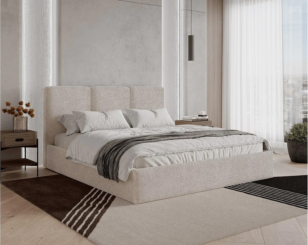 Łóżko tapicerowane 140x200 Mira boucle – łóżko z pojemnikiem na pościel i stelażem drewnianym, nowoczesne łóżko do sypialni, tkanina boucle – Beżowy