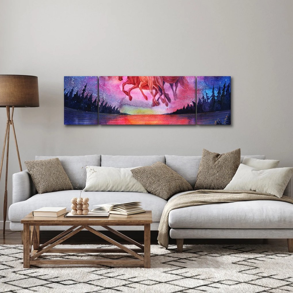 Obraz - Pojawienie się kosmicznych koni nad jeziorem, akwarela (170x50 cm)