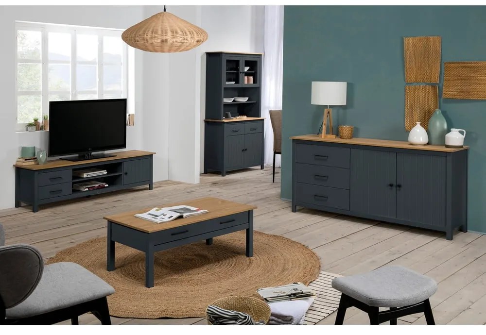 Ciemnoniebieska niska komoda z litego drewna sosnowego 150x80 cm Miranda – Marckeric