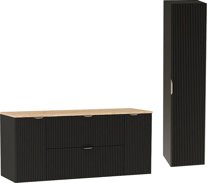 Czarny Zestaw do Łazienki 140cm Szafka Blat Orzech Słupek Ryflowane Fronty