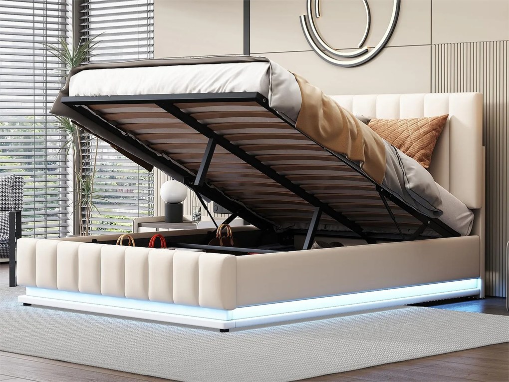 Łóżko ze schowkiem i regulowanym zagłówkiem - 140 x 200 cm - skóra ekologiczna - diody LED - kolor biały