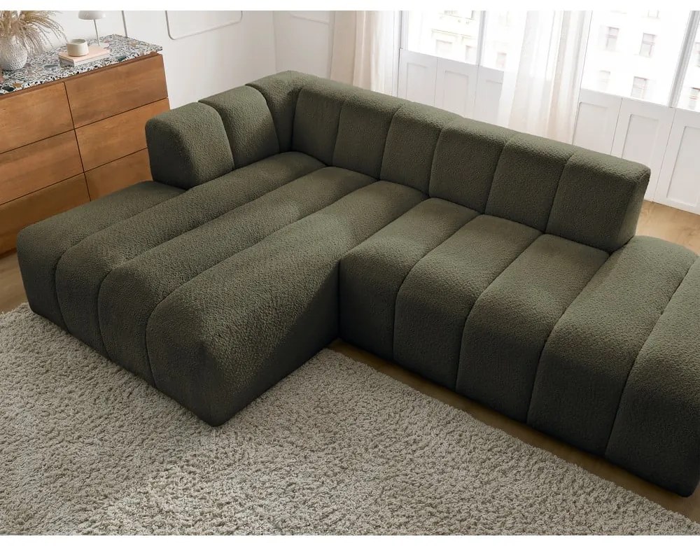 Zielony narożnik z materiału bouclé (lewostronny/z szezlongiem) Annecy – Bobochic Paris