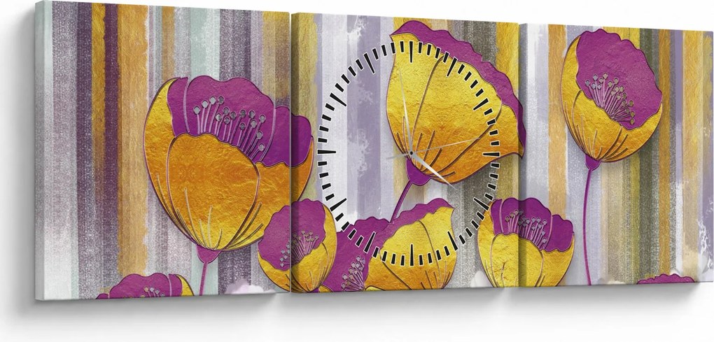 Obraz - Ilustracja kwiatów (z zegarem) (90x30 cm)