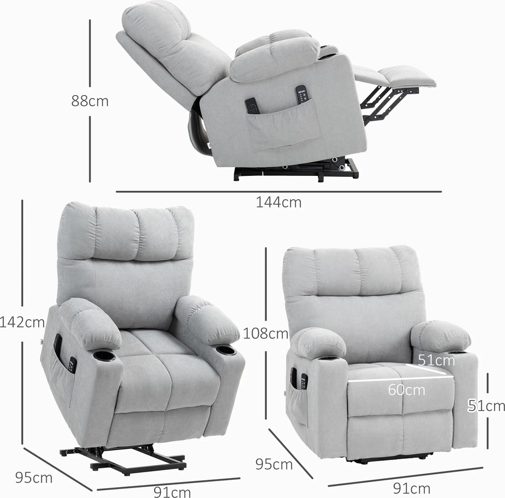 HOMCOM Fotel dla seniorów z funkcją podnoszenia, funkcja leżenia, pilot, 144 cm x 91 cm x 88 cm, jasnoszary