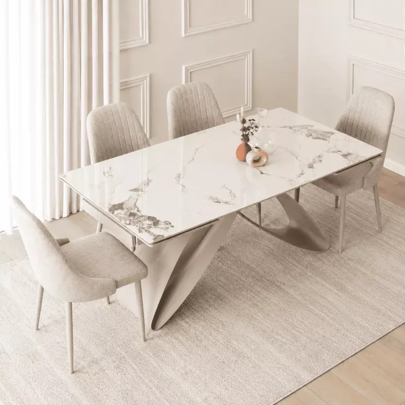 Zestaw stół Twig rozkładany ceramiczny 160-240 biały marmur kaszmir + 4 krzesła Sligo kremowe