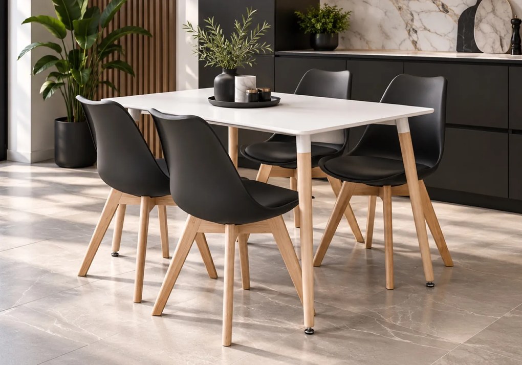 Zestaw stół z krzesłami Dolmo 019 - stół 120x80 cm biały i 4 czarne krzesła