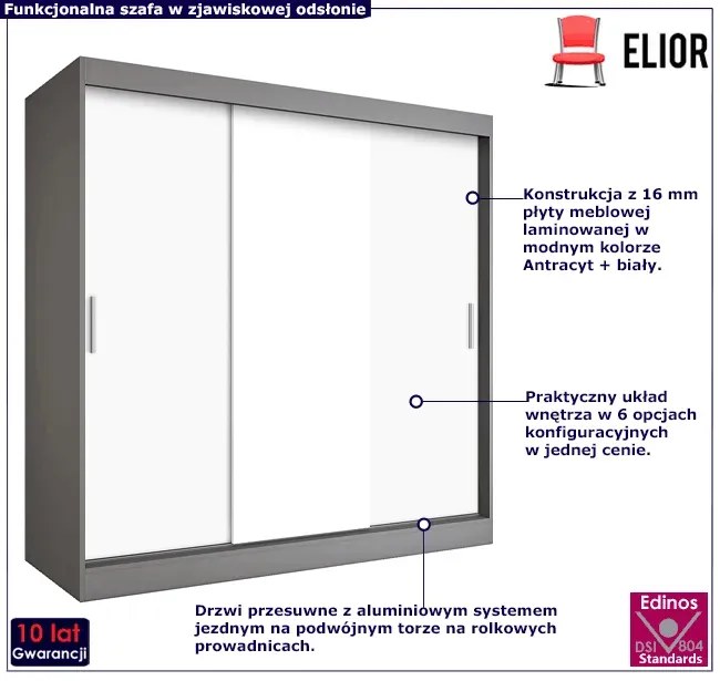 Szafa przesuwna 200 cm antracyt + biały - Erco 6X
