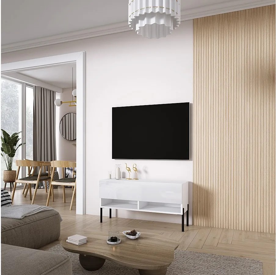 Szafka pod telewizor 100 cm Biały Mat / Biały Połysk, nóżki proste czarne, 100 × 32 × 52 cm