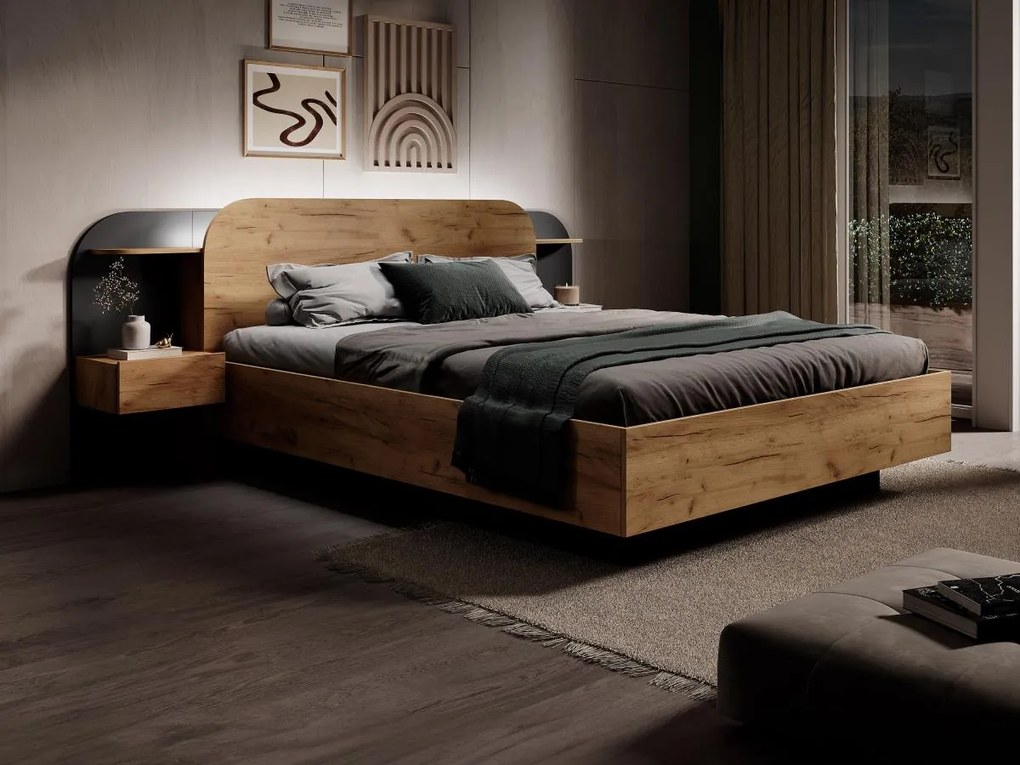 Łóżko z szafkami nocnymi 160 x 200 cm - Z oświetleniem LED - Naturalny i czarny + Stelaż + Materac - JUVISIA
