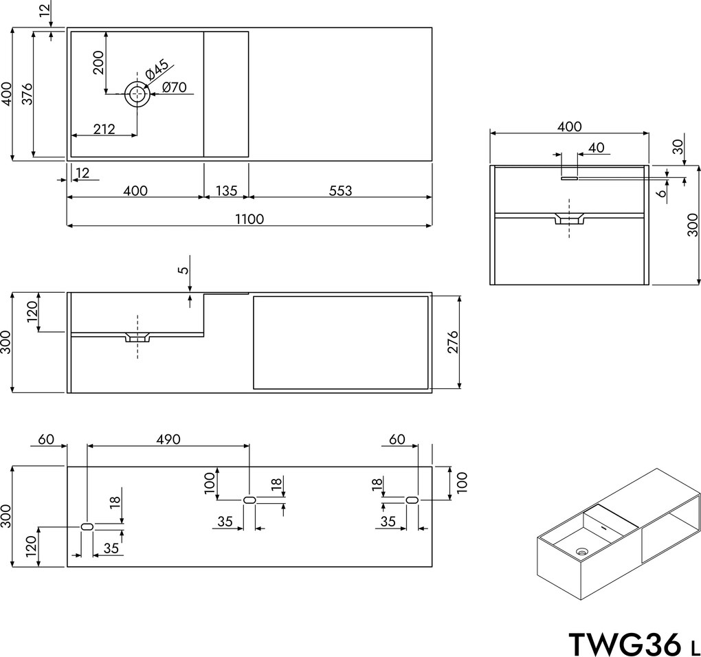 Umywalka ścienna TWG36 z odlewu mineralnego
