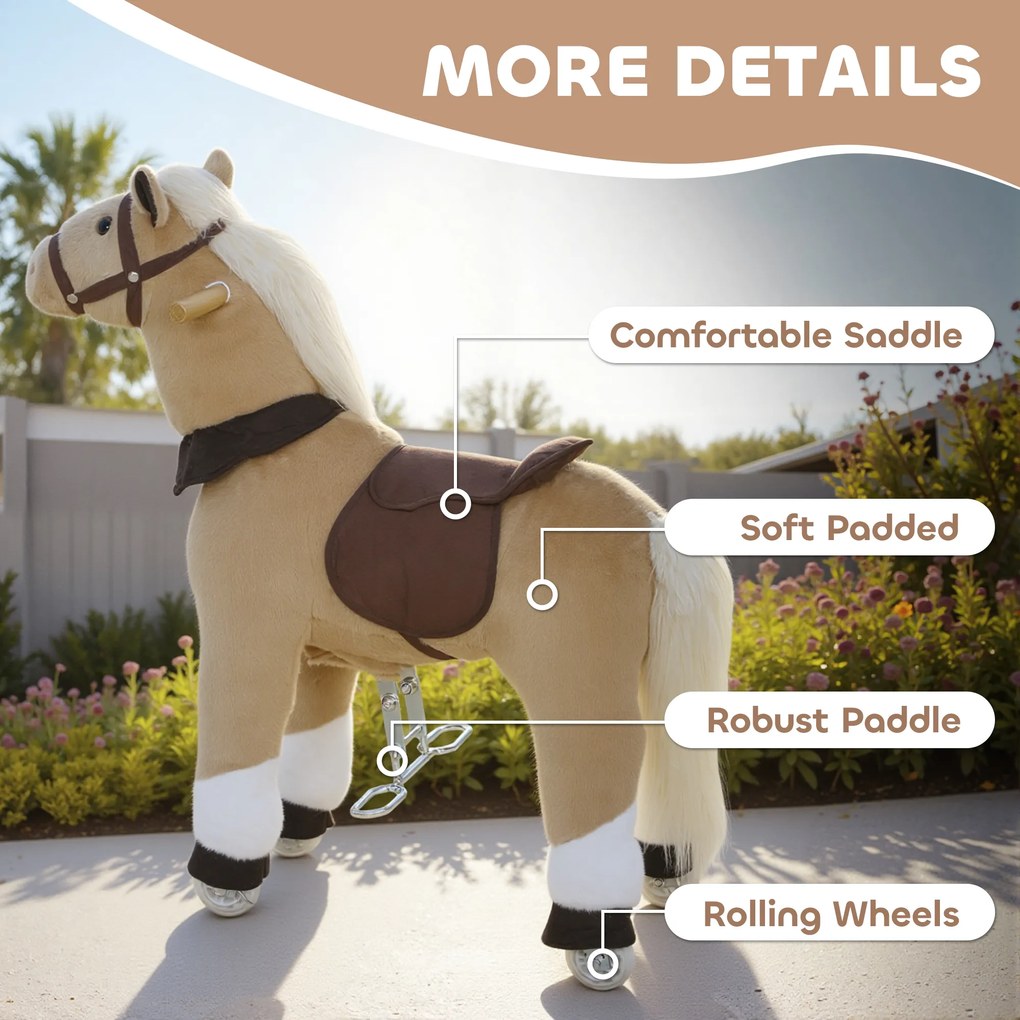 AIYAPLAY Koń do jazdy dla dzieci, materiałowe pokrycie, stabilna rama, łagodne kółka, konik na biegunach, 3-5 lat, Brązowy