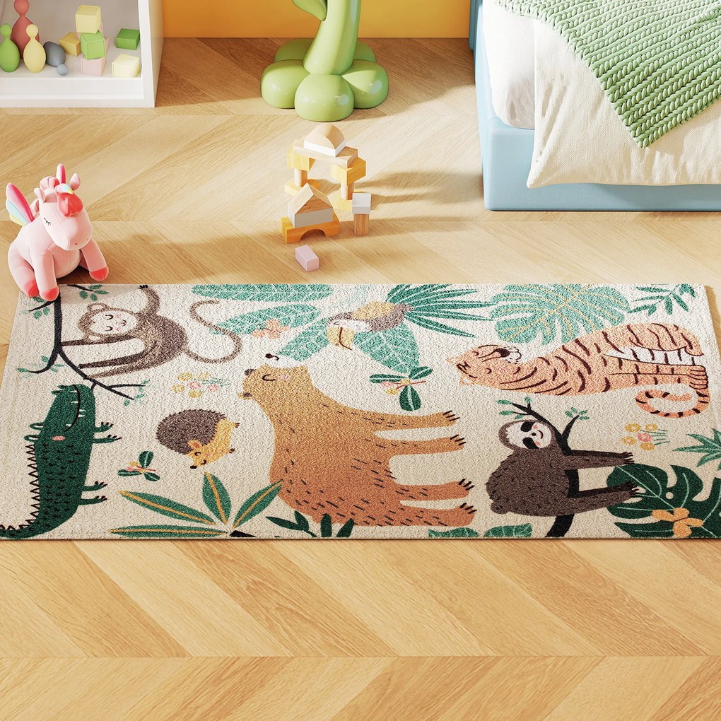 HOMCOM Dywan fleece z dżunglowym wzorem, łatwy w pielęgnacji, Kremowy+Wielokolorowy