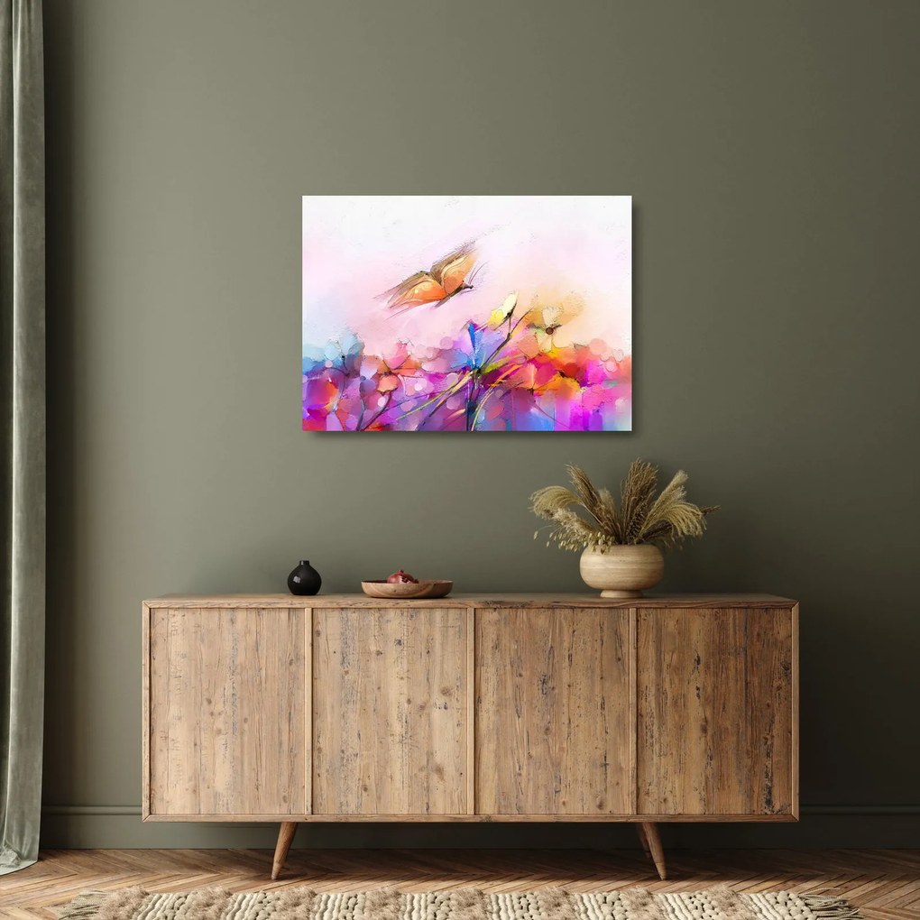 Obraz na szkle - Motyl nad kwiatem, abstrakcja (70x50 cm)
