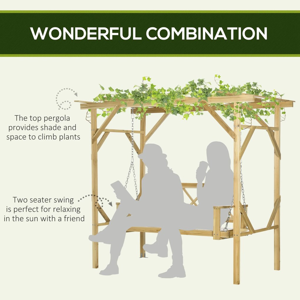 Outsunny Ławka Huśtawka z Pergolą 2 Osoby - Regulowana Wysokość, Solidne Drewno, 2,21x1,4x1,96m - Ogrodowy Azyl