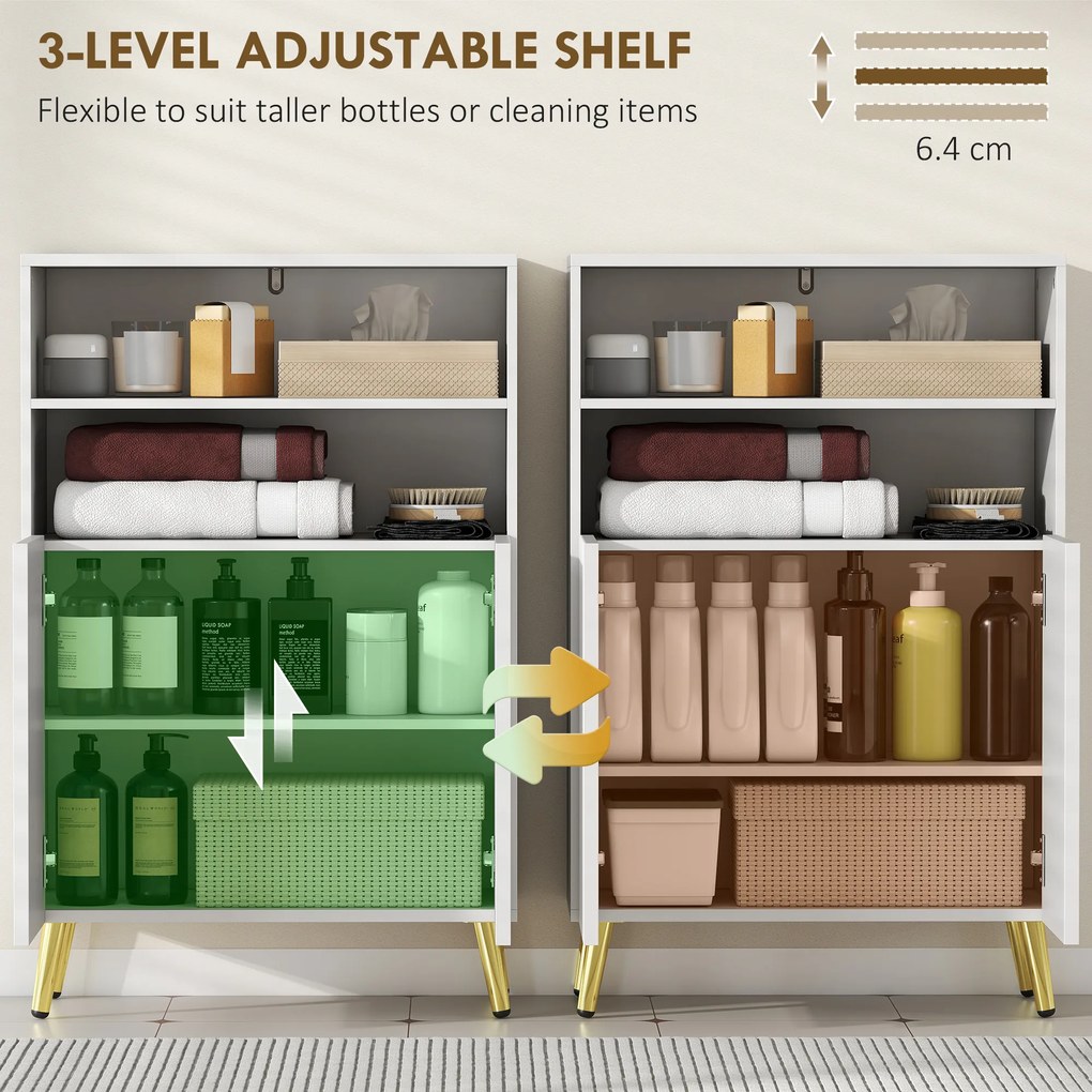 HOMCOM Szafka łazienkowa, komoda do pomieszczeń mieszkalnych, drzwi z cichym domykiem, 2 otwarte półki, MDF, Biały | Aosom PL