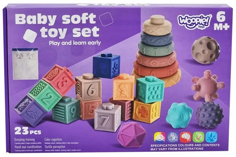 Woopie baby klocki sensoryczne układanka do ściskania dźwięk nauka liczenia 23 el.