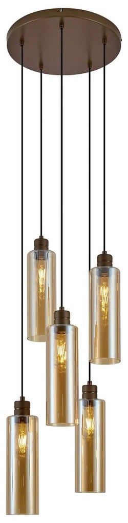 Lampa wisząca w stylu hotelowym, ciemny brąz z bursztynowym szkłem, 5-punktowa - Stavelot