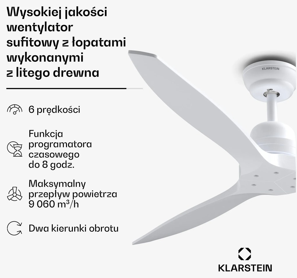 Klarstein Santa Elena 132cm 35W wentylator sufitowy biały