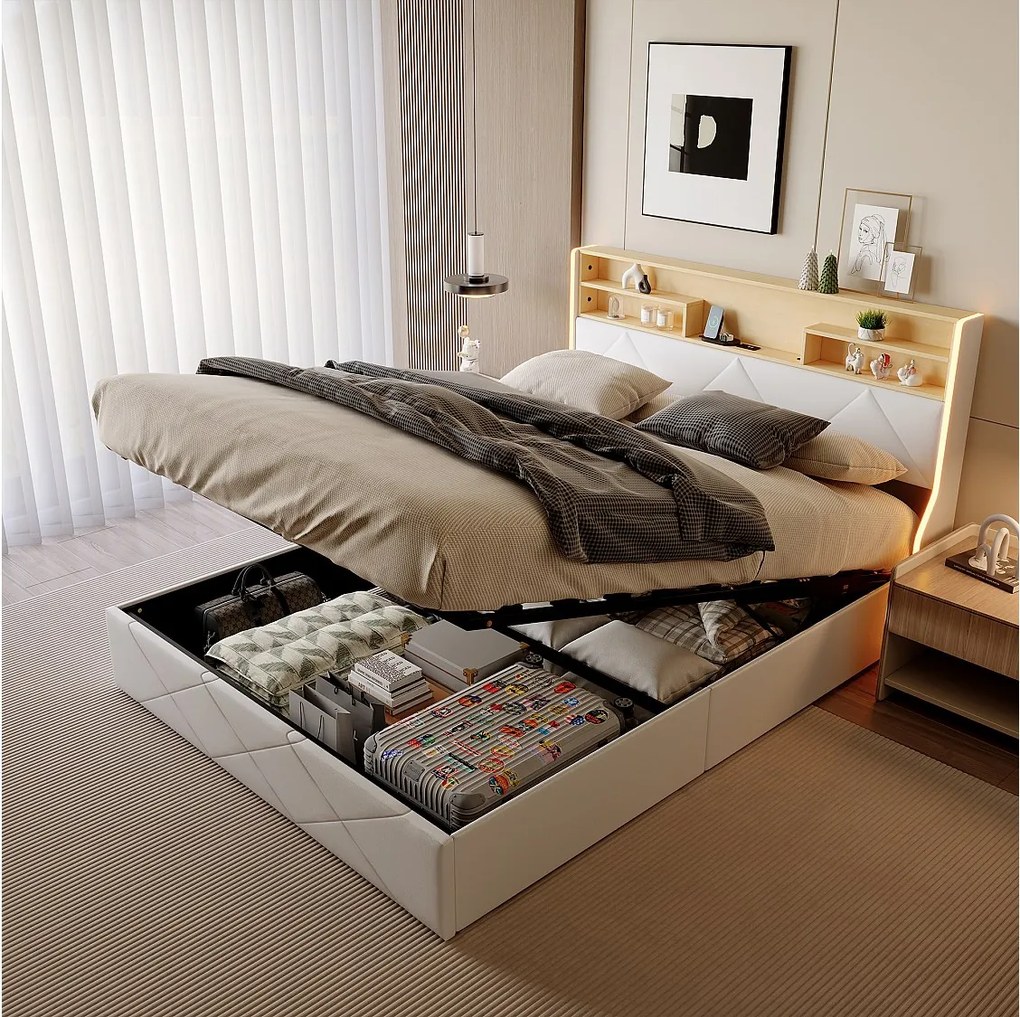 Łóżko 160x200 cm z pojemnikiem na pościel, zagłówkiem, portami USB/Type-C i oświetleniem LED RGB – biały poliuretan i jasny dąb