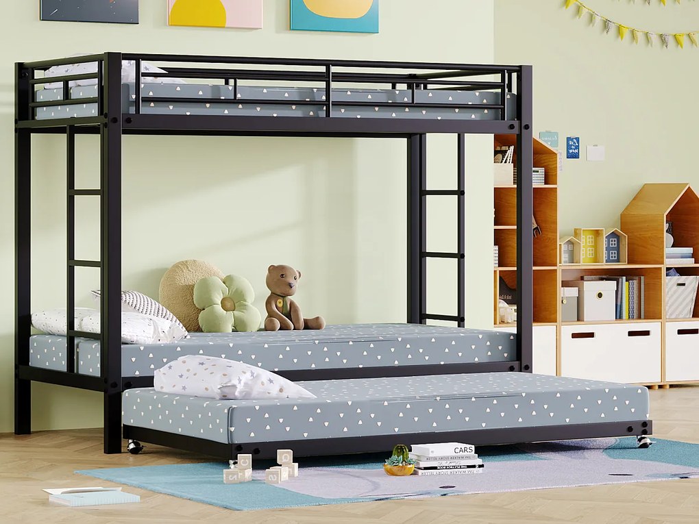 Łóżka piętrowe 2 x 90 x 200 + łóżko wysuwane 90 x 190 - Metalowe - Stelaż listwowy - Czarny