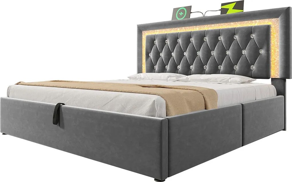Łóżko tapicerowane dwuosobowe ze schowkiem - 180 x 200 cm - zagłówek z diodami LED + porty USB i typu C - hydrauliczny schowek - aksamit - szary