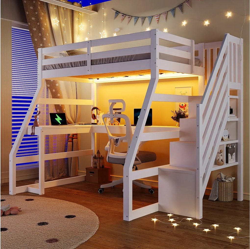 Łóżko piętrowe dla dzieci drewniane - 90 x 200 cm - z biurkiem + oświetlenie LED + port USB + drabinka - MDF - białe