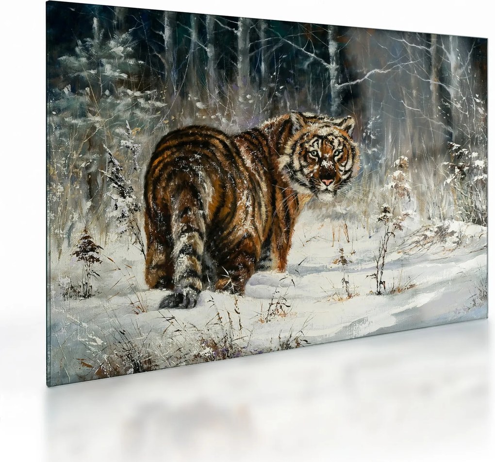 Obraz na szkle - Tygrys w zaśnieżonym lesie, obraz olejny (70x50 cm)