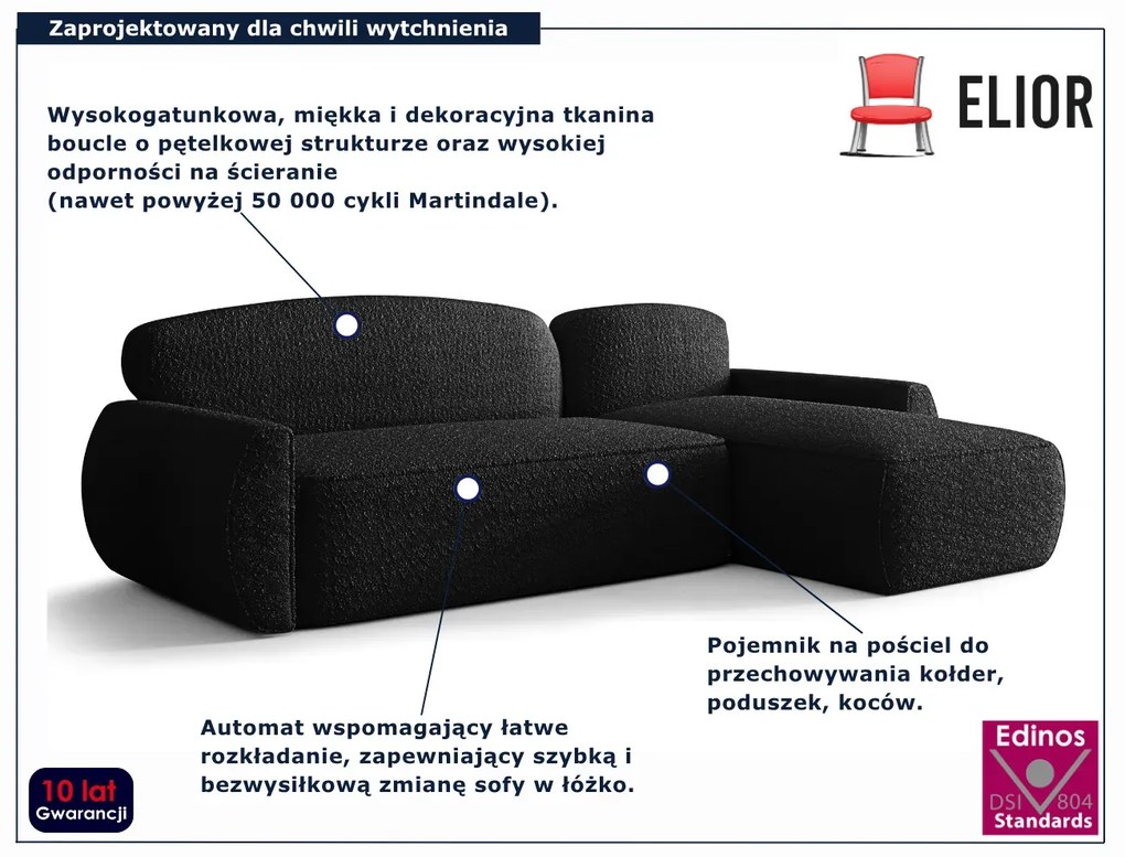 Czarny nowoczesny narożnik z pojemnikiem E6-W10