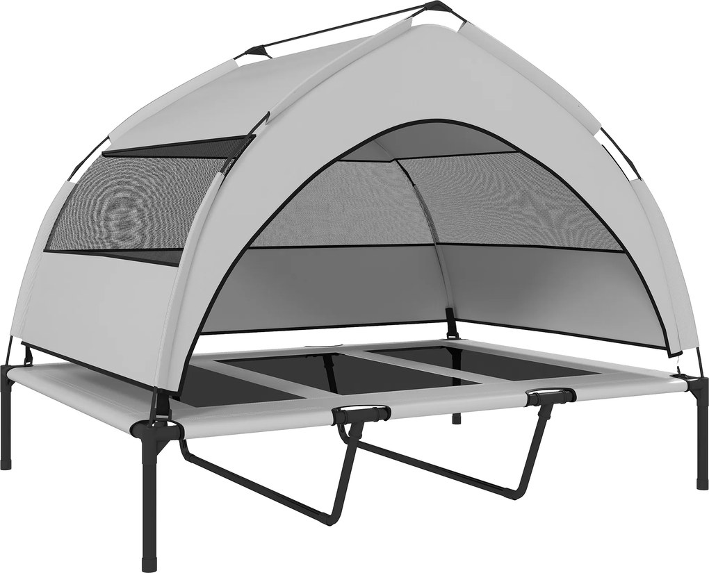 PawHut Łóżko dla psa na zewnątrz z daszkiem, podwyższone legowisko dla dużych psów, z ramą stalową, 122x92x94 cm, jasnoszare | Aosom PL