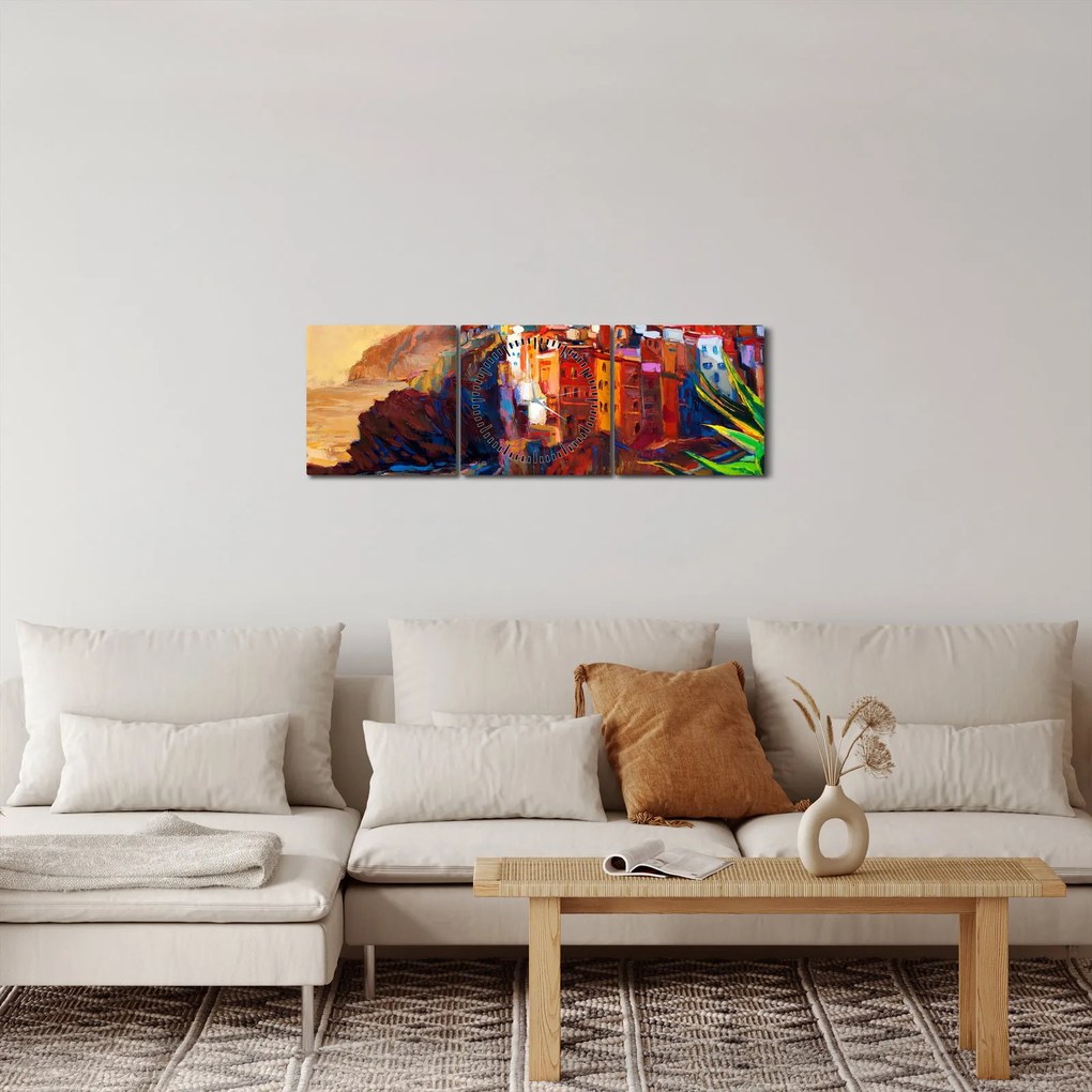 Obraz - Wieś na wybrzeżu Cinque Terre, Włoska Riviera, nowoczesny impresionism (z zegarem) (90x30 cm)