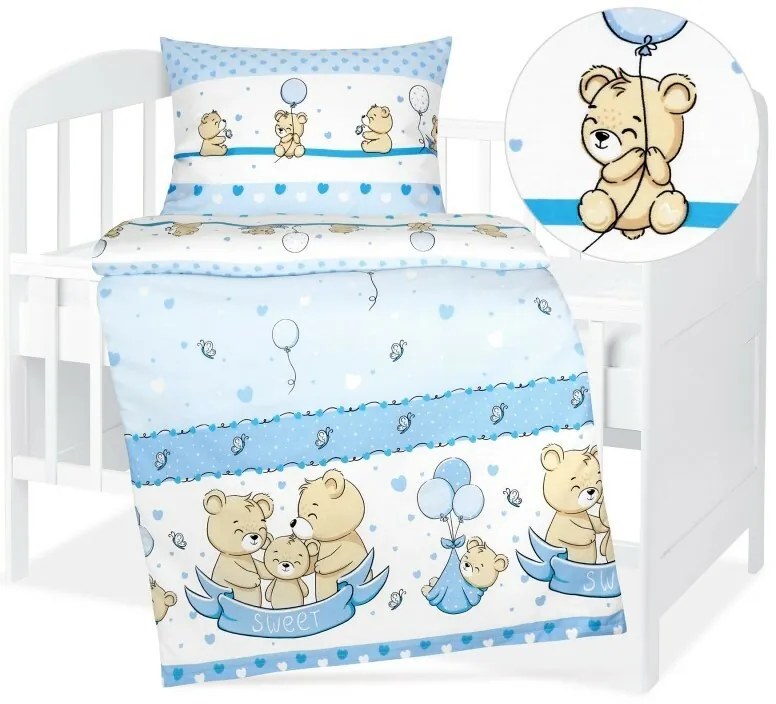Bellatex Bawełniana pościel do łóżeczka Agata Bearniebieska, 90 x 135 cm, 45 x 60 cm