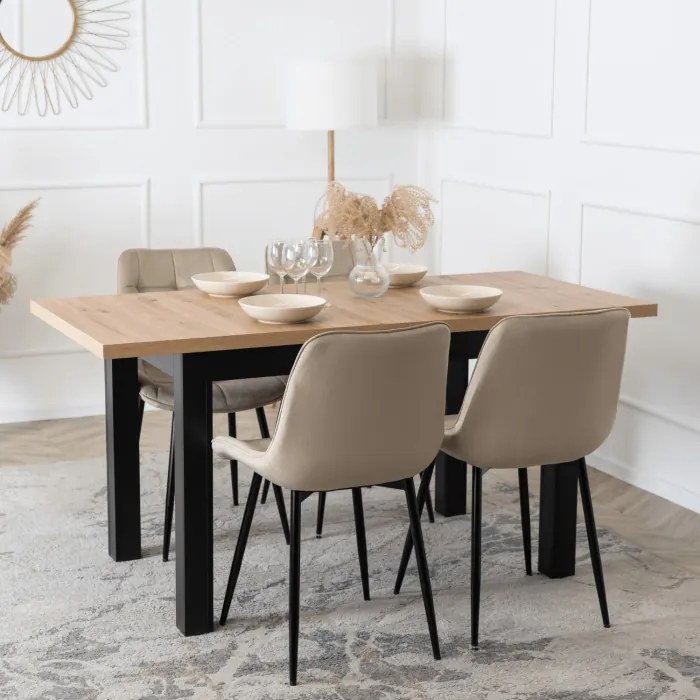 Zestaw Stół Rozkładany SKUBI 120-160 cm Dąb Craft/Czarny i 4 Krzesła Tapicerowane CHRIS Beżowe Nowoczesne